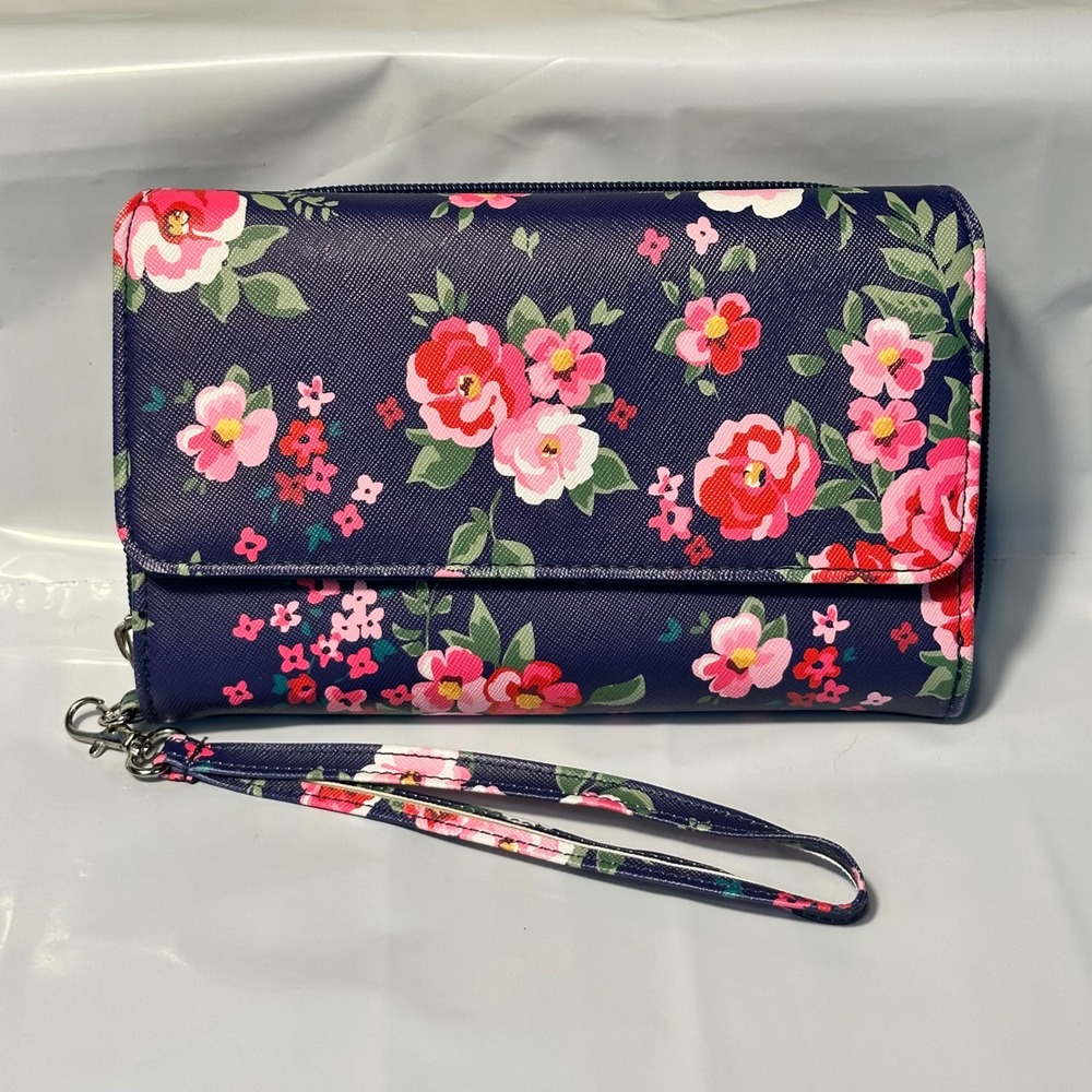 Mundi Wristlet Wallet Womens OS Navy Blue Floral‎ RFID Safe Keeper Excellent